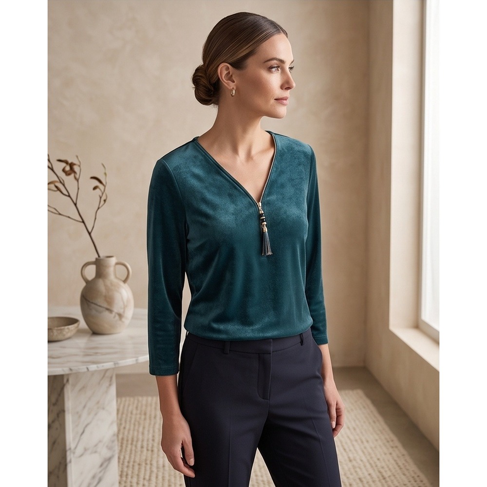 Chico's Travelers 1 Green Liquid Zip V-Neck Top Medium Elegant Jewel Tone